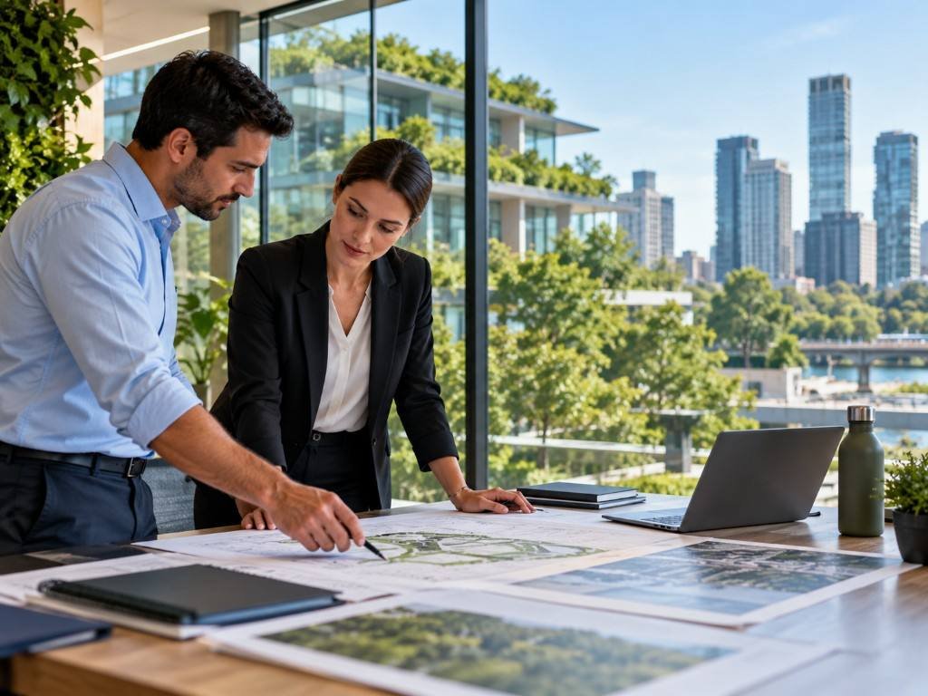 Sustainability consultants reviewing project plans in a modern sustainable commercial environment