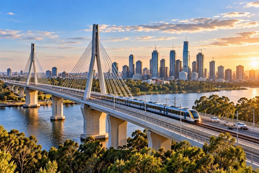 Modern transport and bridge infrastructure integrated with an urban environment.
