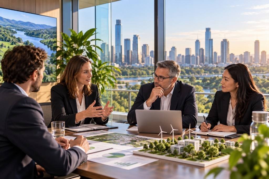 Investment professionals discussing sustainable assets and ESG strategy.
