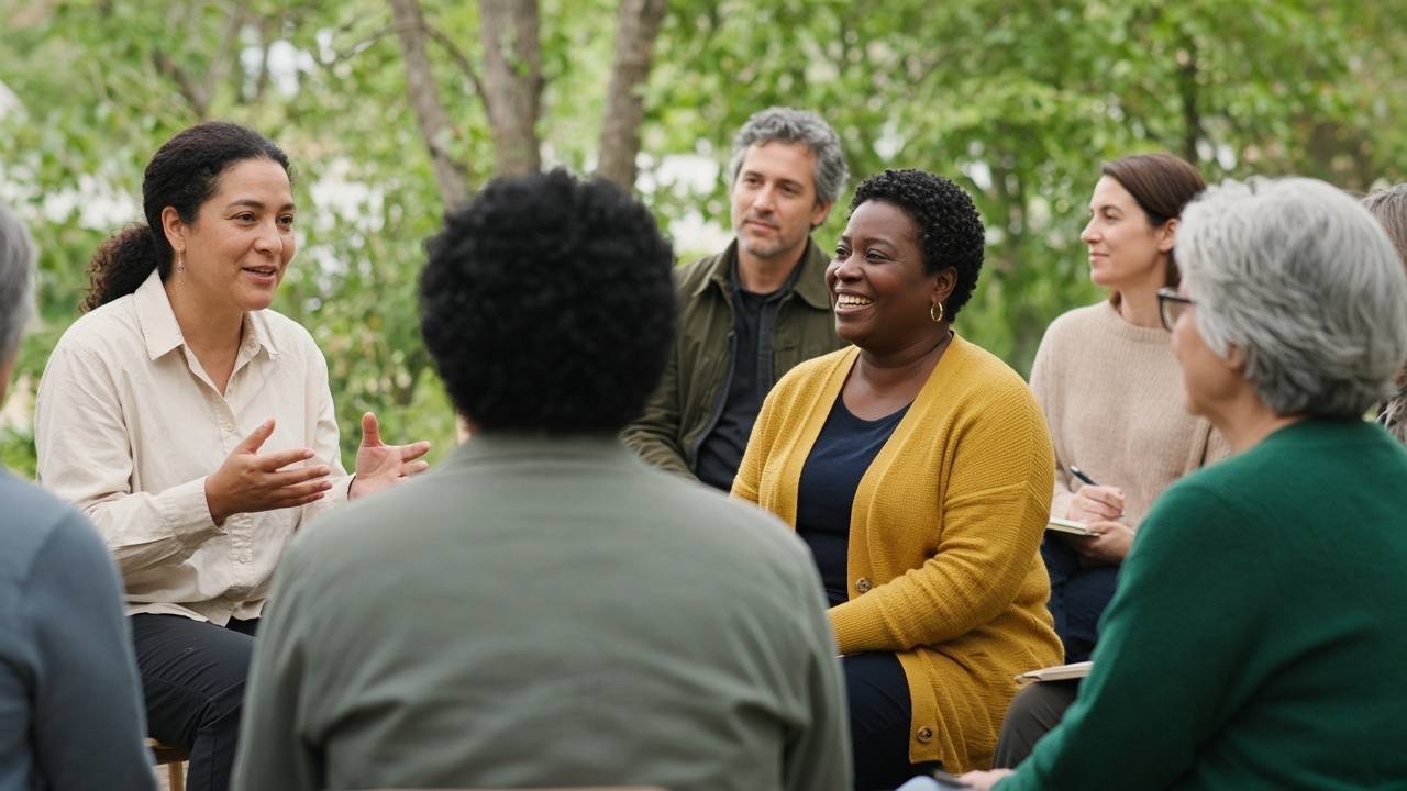 Community and stakeholder engagement discussion in an outdoor meeting setting