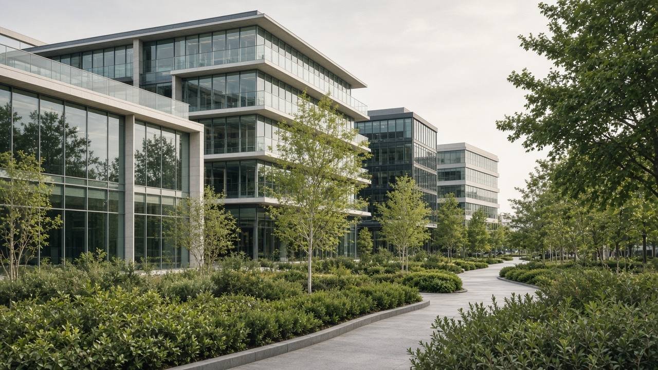 Modern sustainable commercial buildings in a landscaped urban environment